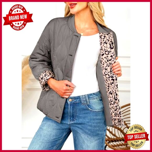 Quilted Puffer Jacket Button Down Leopard Print Casual Winter Coat Oversized - Picture 2 of 7